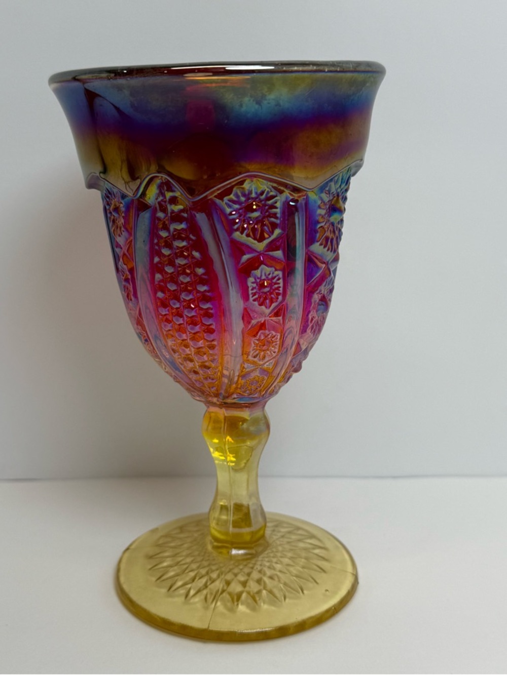 Vintage Indiana Carnival Glass Amberina Sunset iridescent Goblet 70's Rare
